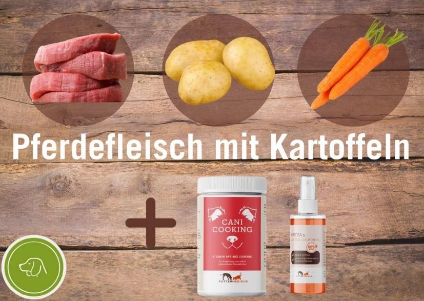 Pferdefleisch mit Kartoffel, Karotten, Vitamin Optimix Cani Cooking und Lachsöl 